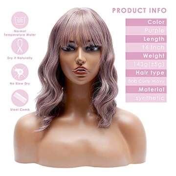 EVER THINE 16 Inch Short Bob Purple Wig, Short Wavy Wigs with Air Bangs, Synthetic Heat Resistant Sh...
