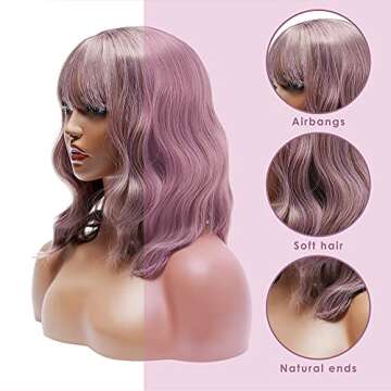 EVER THINE 16 Inch Short Bob Purple Wig, Short Wavy Wigs with Air Bangs, Synthetic Heat Resistant Shoulder Length Purple Wavy Wigs for Women, Machine Made Curly Fashion Bob Wigs for Daily Party.