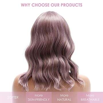 EVER THINE 16 Inch Short Bob Purple Wig, Short Wavy Wigs with Air Bangs, Synthetic Heat Resistant Shoulder Length Purple Wavy Wigs for Women, Machine Made Curly Fashion Bob Wigs for Daily Party.