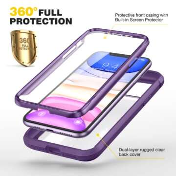 Diaclara iPhone 11 Case - Full Body Rugged Protection with Screen Protector (Clear/Purple)