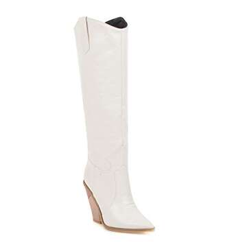 HENWERD Women's Chunky Heel Knee High Boots Comfortable Pointed Toe Western Cowboy Boots (White,9 US)