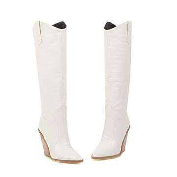 HENWERD Women's Chunky Heel Knee High Boots Comfortable Pointed Toe Western Cowboy Boots (White,9 US)
