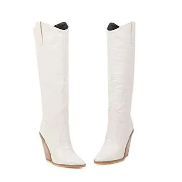 HENWERD Women's Chunky Heel Knee High Boots Comfortable Pointed Toe Western Cowboy Boots (White,9 US)