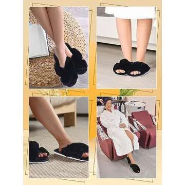 Liitrsh 8 Pairs Women's Cross Band Slippers Fuzzy House Slippers Plush Furry Bridesmaid Shoes Open Toe Soft Comfy Warm House Shoes for Women(US 7-8,Black)