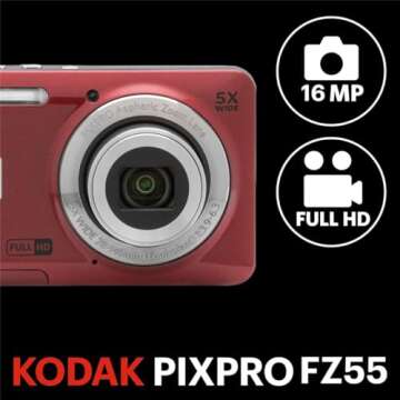 KODAK PIXPRO FZ55-BK 16MP Digital Camera 5X Optical Zoom 28mm Wide Angle 1080P Full HD Video 2.7" LCD Vlogging Camera. Bundle with SD Card and Slinger Camera Bag