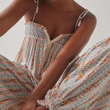 LouVasabuce Women Boho Floral Loose Overalls Sleeveless Tie Up Boat Neck Ruched Spaghetti Strap Jumpsuit Baggy Long Romper (Mixed Color, S)