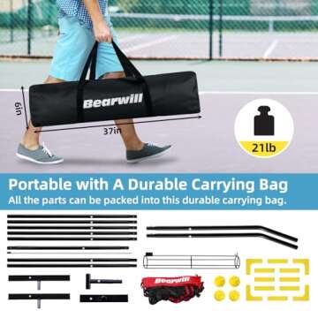 Bearwill Pickleball Net, 22 FT Pickleball Net for Driveway, Regulation Size Portable Pickle Ball Net for Outdoor Backyard, Steady Metal Frame with Court Marker, Ball Holder, 4 Pickleballs & Carry Bag