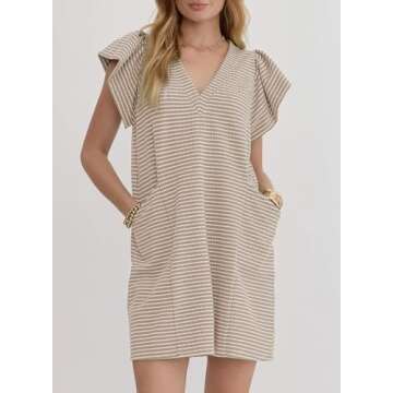 Acelitt Womens Casual Fashion 2025 Summer V Neck Cap Sleeve Striped Mini Dress Shift Tshirt Dresses ...