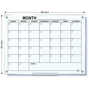 Magnetic Glass Whiteboard Calendar Monthly Planner White Board Calendar Dry Erase Board 34”x46” ...