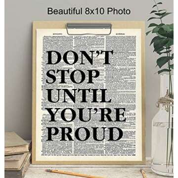 Motivational Don't Stop Dictionary Art, Wall Decor Picture - 8x10 Upcycled Home Decoration Poster Print for Office, Apartment, Living Room, Gym, Studio - Inspirational Gift for Entrepreneur, Athlete