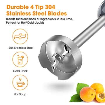 Immersion Hand Blender, FUNAVO 800W 5-in-1 Multi-Function 12 Speed 304 Stainless Steel Stick Blender with Two Mode Adjustable, 600ml Beaker, 500ml Chopping Bowl, Whisk, Milk Frother, BPA-Free
