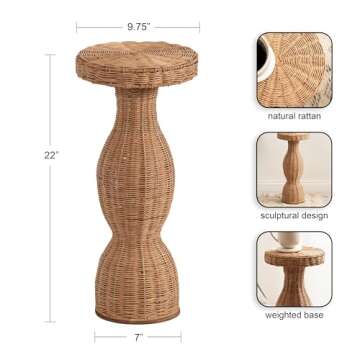 Kate and Laurel Sula Modern Woven Rattan Round Drink Table, 10 x 10 x 22, Natural Rattan, Boho Sculptural Circle Mini Table for Use as Indoor Plant Stand or Living Room Accent Table