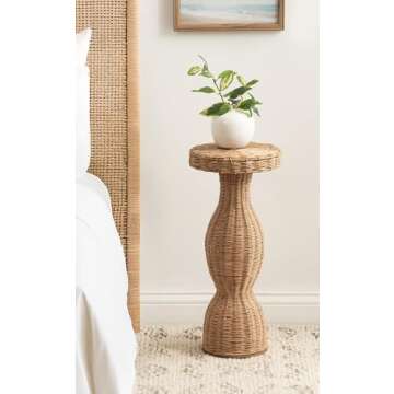 Kate and Laurel Sula Modern Woven Rattan Round Drink Table, 10 x 10 x 22, Natural Rattan, Boho Sculptural Circle Mini Table for Use as Indoor Plant Stand or Living Room Accent Table