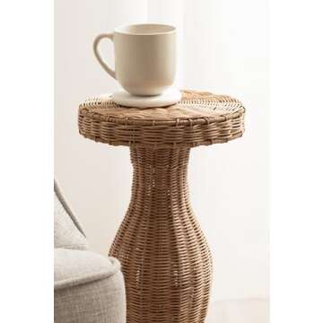 Kate and Laurel Sula Modern Woven Rattan Round Drink Table, 10 x 10 x 22, Natural Rattan, Boho Sculptural Circle Mini Table for Use as Indoor Plant Stand or Living Room Accent Table