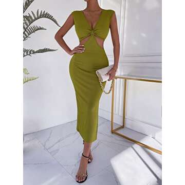 SOLY HUX Women's Sleeveless Deep V Neck Twist Front Cut Out Split Hem Bodycon Dress Olive Green S