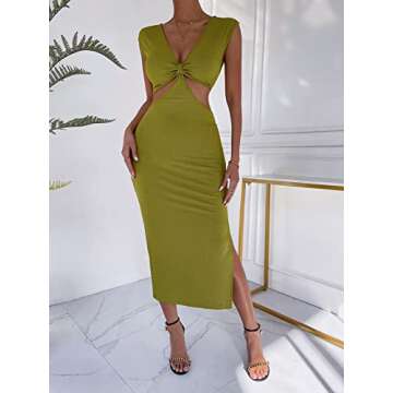 SOLY HUX Women's Sleeveless Deep V Neck Twist Front Cut Out Split Hem Bodycon Dress Olive Green S