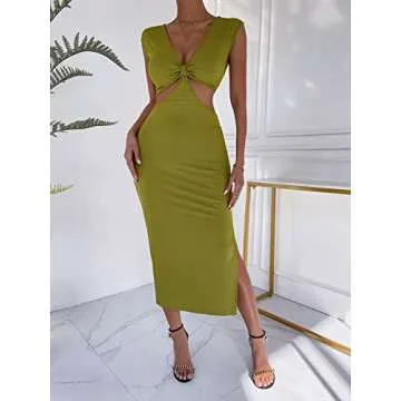 SOLY HUX Women's Sleeveless Deep V Neck Twist Front Cut Out Split Hem Bodycon Dress Olive Green S