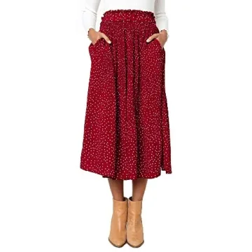 Exlura Women's High Waist Polka Dot Pleated Skirt Midi Swing Skirt with Pockets