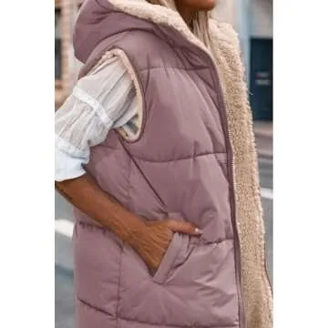 PRETTYGARDEN Womens 2025 Fall Reversible Vests Sleeveless Fleece Jacket Zip Up Hoodie Pockets Long Warm Winter Coat Outerwear (Bean Paste Pink,Medium)