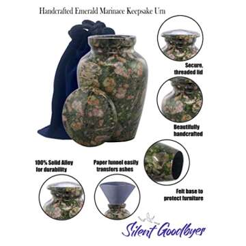 Small Keepsake Cremation Urns for Human Ashes - Marble Finish Metal Keepsake Urn - Mini Cremation Urn for Pet Ashes - Handcrafted Memorial Urn - Funeral Urns with Velvet Bag (Emerald Marinace)
