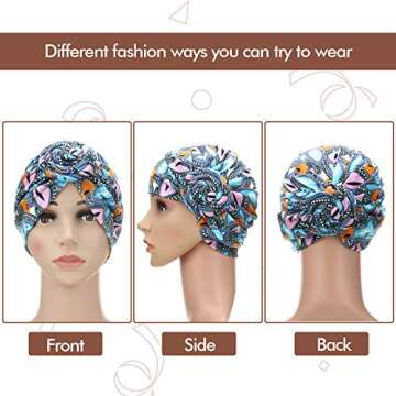 SATINIOR 4 Pieces African Pattern Headwrap Pre-Tied Bonnet Turban Knot Beanie Cap Headwrap Hat (Black Green Yellow Brown Flower)