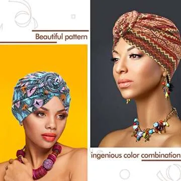 SATINIOR 4 Pieces African Pattern Headwrap Pre-Tied Bonnet Turban Knot Beanie Cap Headwrap Hat (Black Green Yellow Brown Flower)