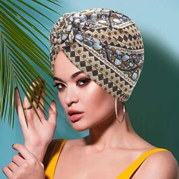 SATINIOR 4 Pieces African Pattern Headwrap Pre-Tied Bonnet Turban Knot Beanie Cap Headwrap Hat (Black Green Yellow Brown Flower)