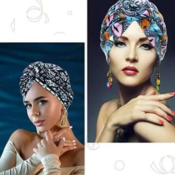 SATINIOR 4 Pieces African Pattern Headwrap Pre-Tied Bonnet Turban Knot Beanie Cap Headwrap Hat (Black Green Yellow Brown Flower)