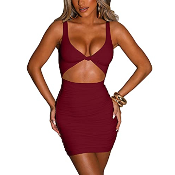 Kaximil Women's Sexy Bodycon Sleeveless Cut Out Ruched Tank Mini Club Party Dresses, Medium, Wine Re...