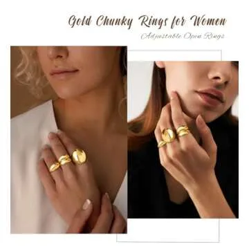 3PCS Chunky Gold Rings for Women Adjustable Round Dome Ring Set Open Bold Thick Rings Chunky Silver Rings Minimalist Solid Ring Band Stackable Statement Jewelry Size 6-9(Gold)