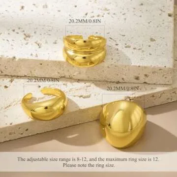 3PCS Chunky Gold Rings for Women Adjustable Round Dome Ring Set Open Bold Thick Rings Chunky Silver Rings Minimalist Solid Ring Band Stackable Statement Jewelry Size 6-9(Gold)