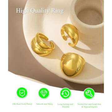 3PCS Chunky Gold Rings for Women Adjustable Round Dome Ring Set Open Bold Thick Rings Chunky Silver Rings Minimalist Solid Ring Band Stackable Statement Jewelry Size 6-9(Gold)