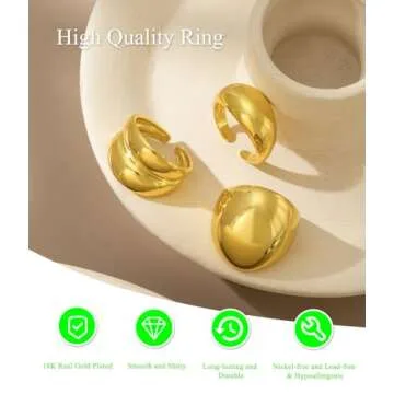 3PCS Chunky Gold Rings for Women Adjustable Round Dome Ring Set Open Bold Thick Rings Chunky Silver Rings Minimalist Solid Ring Band Stackable Statement Jewelry Size 6-9(Gold)