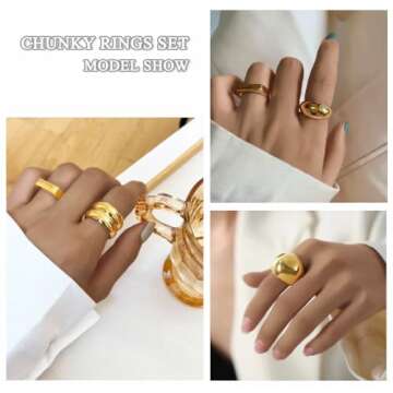 3PCS Chunky Gold Rings for Women Adjustable Round Dome Ring Set Open Bold Thick Rings Chunky Silver Rings Minimalist Solid Ring Band Stackable Statement Jewelry Size 6-9(Gold)