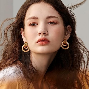 18K Gold Large Geometric Drop Dangle Earrings for Women