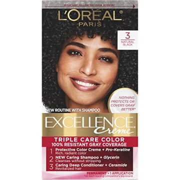 L'Oreal Paris Excellence Creme Permanent Triple Care Hair Color, 3 Natural Black, Gray Coverage For ...