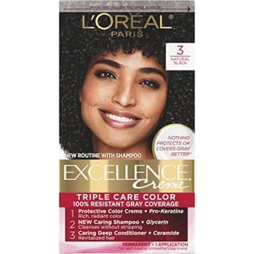 L'Oreal Paris Excellence Creme Permanent Triple Care Hair Color, 3 Natural Black, Gray Coverage For ...