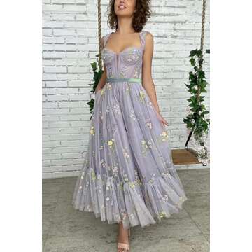 Basgute Women's Tulle Tea Length Prom Dresses Corset 2023 Flower Embroidery Elegant Peacock Fairy Formal Evening Party Gown for Teens Lace Up US8