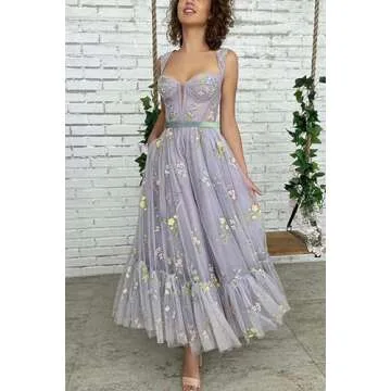 Basgute Women's Tulle Tea Length Prom Dresses Corset 2023 Flower Embroidery Elegant Peacock Fairy Formal Evening Party Gown for Teens Lace Up US8