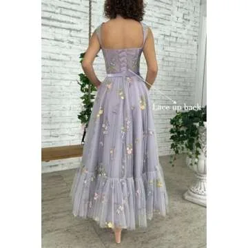 Basgute Women's Tulle Tea Length Prom Dresses Corset 2023 Flower Embroidery Elegant Peacock Fairy Formal Evening Party Gown for Teens Lace Up US8