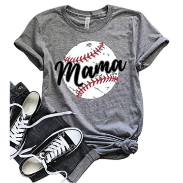 LONBANSTR Women Baseball Mom Letter Print T Shirt - Gray