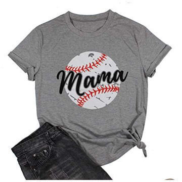 LONBANSTR Women Baseball Mom Letter Print T Shirt - Gray