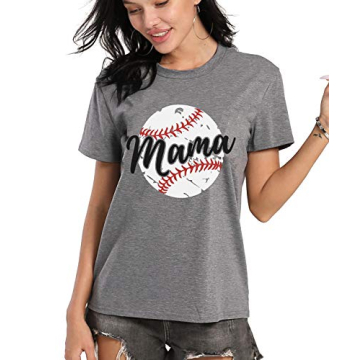 LONBANSTR Women Baseball Mom Letter Print T Shirt - Gray