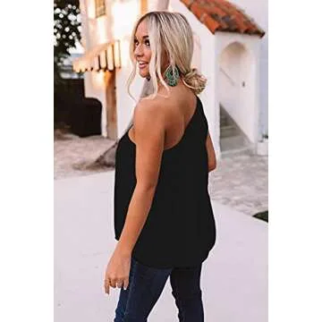 Guteidee Womens One Shoulder Tops Casual Tie Bow Knot Sleeveless Blouse Tunic Shirts Black Large