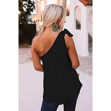 Guteidee Womens One Shoulder Tops Casual Tie Bow Knot Sleeveless Blouse Tunic Shirts Black Large