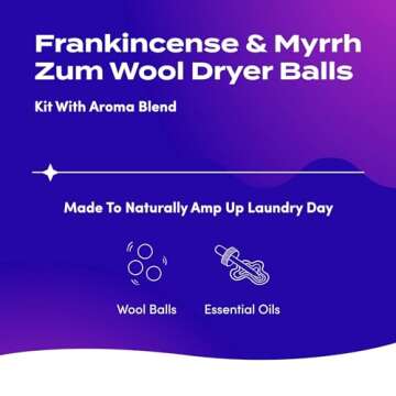 Indigo Wild Zum Laundry Dryer Balls Kit - Wool Laundry Balls for The Dryer - Essential Oil Spray - Reusable Drying Balls for Laundry - Frankincense & Myrrh - (3 Dryer Balls, 1 Aroma Blend)