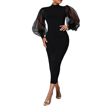Ekaliy Women's See Through Bodycon Dress Long Puff Lantern Sleeve Sheer Mesh Dress Sexy Club Party M...