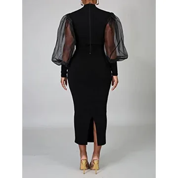 Elegant See Through Bodycon Dress with Puff Sleeves