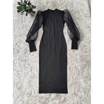 Elegant See Through Bodycon Dress with Puff Sleeves