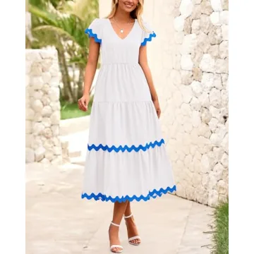 BTFBM Spring Summer Midi Dress with Elegant RIC Rac Trim